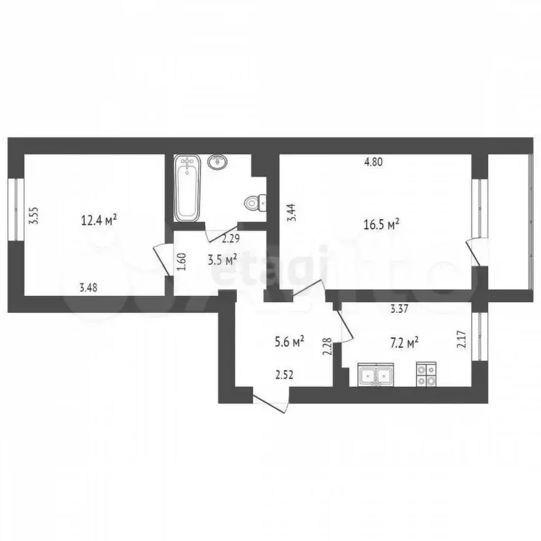 2-к. квартира, 50,7 м, 3/5 эт. - Фото 1