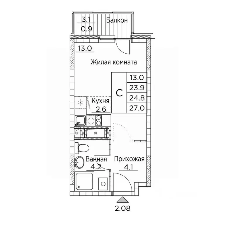 1-к кв. Приморский край, Владивосток ул. Расула Гамзатова, 7к2 (27.0 ... - Фото 0