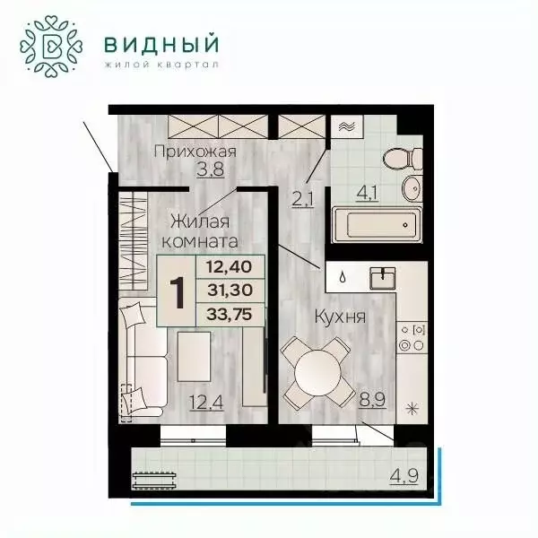 1-к кв. Пермский край, Пермь Кавказская ул., 13к1 (33.75 м) - Фото 1