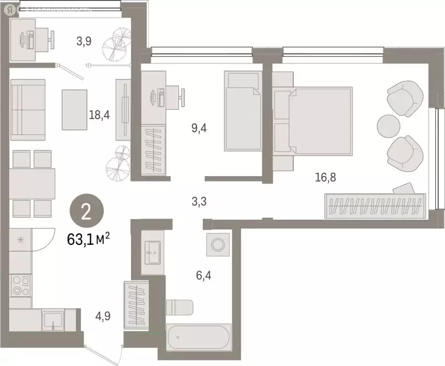 2-комнатная квартира: Тюмень, Мысовская улица, 26к1 (63.07 м) - Фото 0