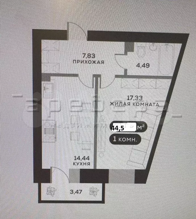 1-к. квартира, 44,5 м, 9/14 эт. - Фото 0
