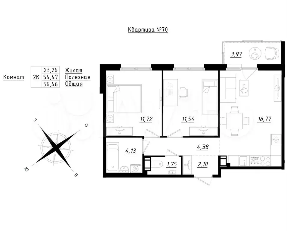 2-к. квартира, 56,5 м, 5/5 эт. - Фото 0