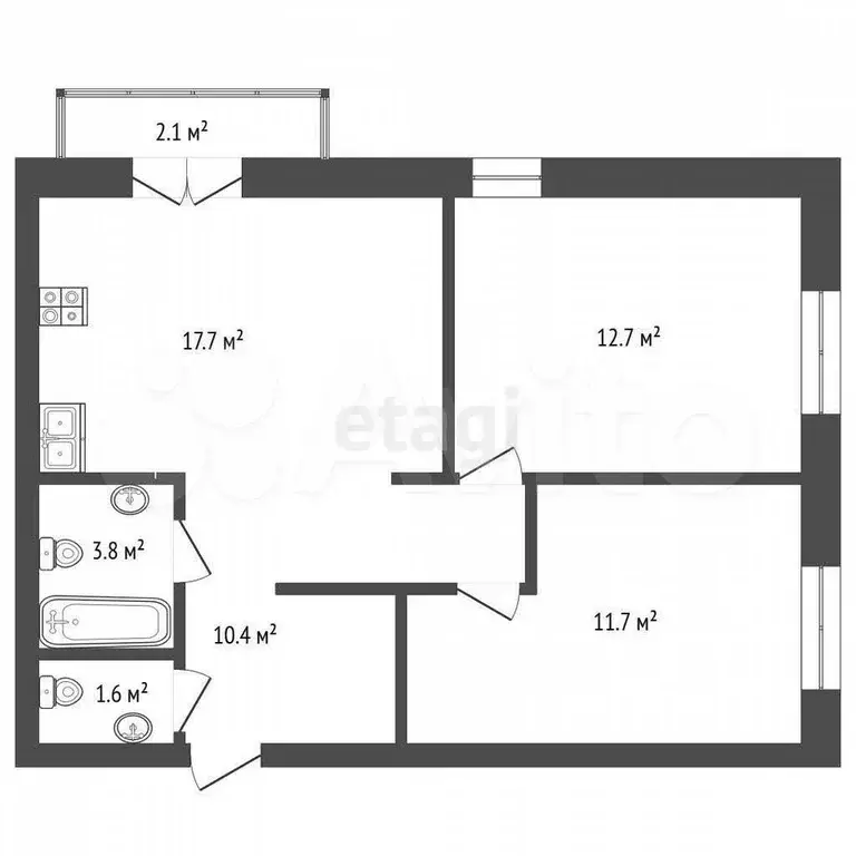 2-к. квартира, 58 м, 4/4 эт. - Фото 0