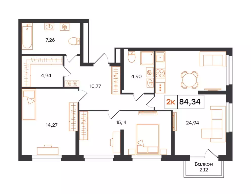 3-к кв. Тюменская область, Тюмень Фатера жилой комплекс (84.34 м) - Фото 1