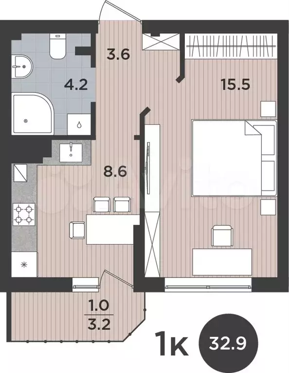 1-к. квартира, 32,9 м, 1/9 эт. - Фото 1