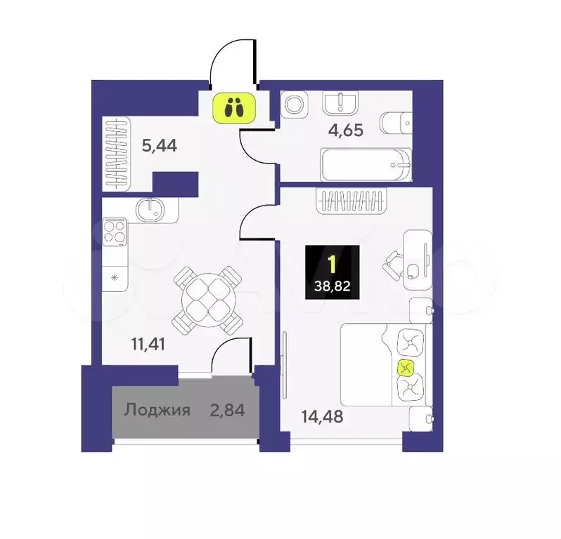 1-к. квартира, 38,8 м, 6/7 эт. - Фото 1