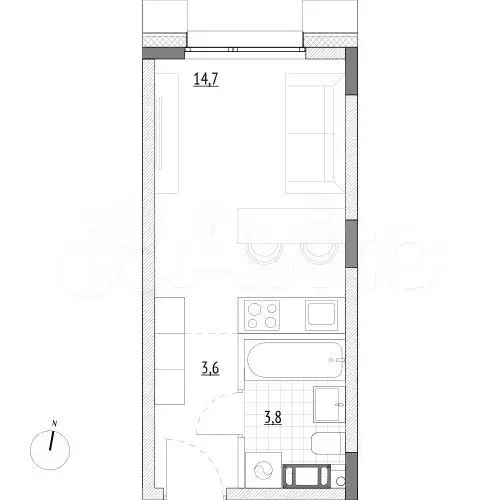 Апартаменты-студия, 22,1м, 4/7эт. - Фото 0