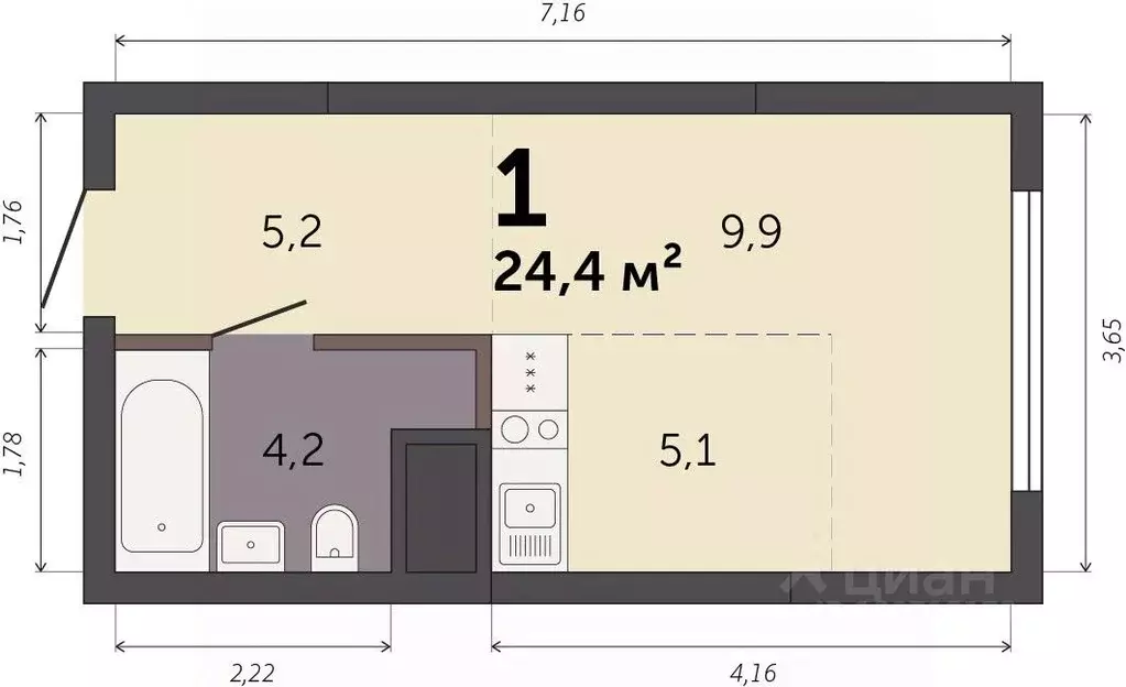 Студия Свердловская область, Екатеринбург Южный жилрайон,  (24.4 м) - Фото 0