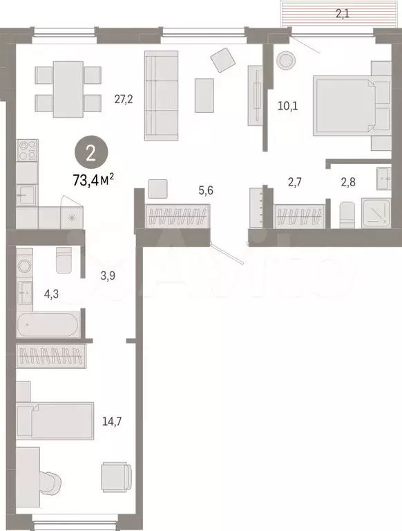 2-к. квартира, 73,4 м, 9/12 эт. - Фото 0