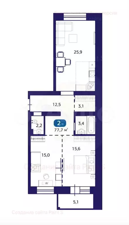 2-к. квартира, 77,7 м, 5/7 эт. - Фото 1