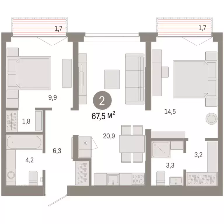 2-комнатная квартира: Тюмень, жилой комплекс Республики 205 (67.52 м) - Фото 2