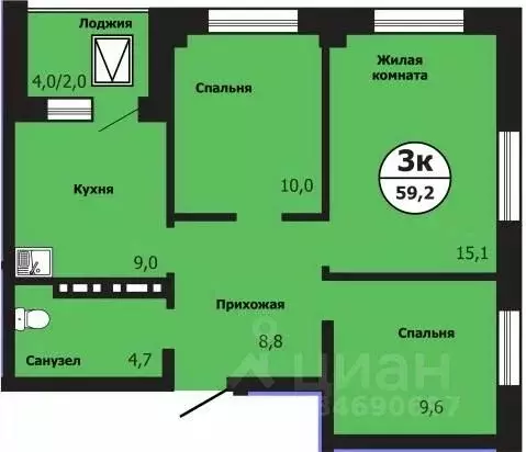 3-к кв. Красноярский край, Красноярск ул. Лесников, 51Б (59.2 м) - Фото 0