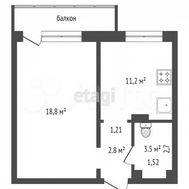 1-к. квартира, 32,4 м, 4/5 эт. - Фото 0