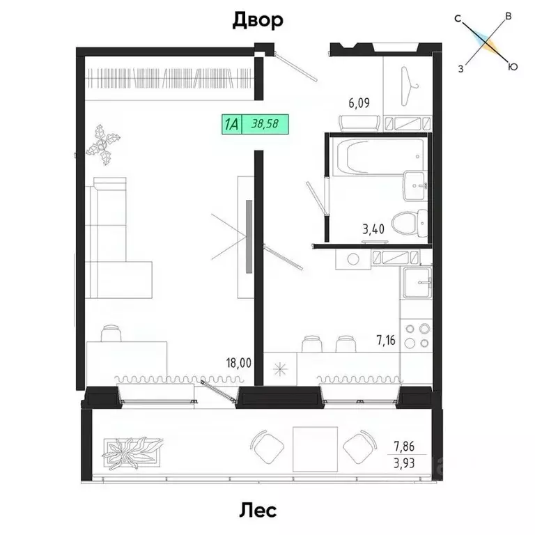 1-к кв. Томская область, Томск тракт Иркутский, 185Б (38.58 м) - Фото 0