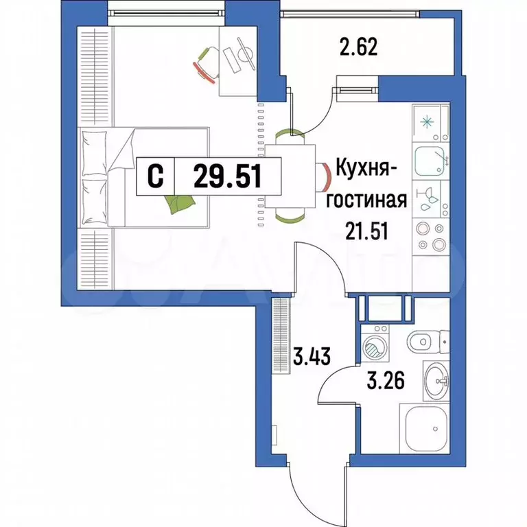 Квартира-студия, 29,5 м, 8/16 эт. - Фото 0