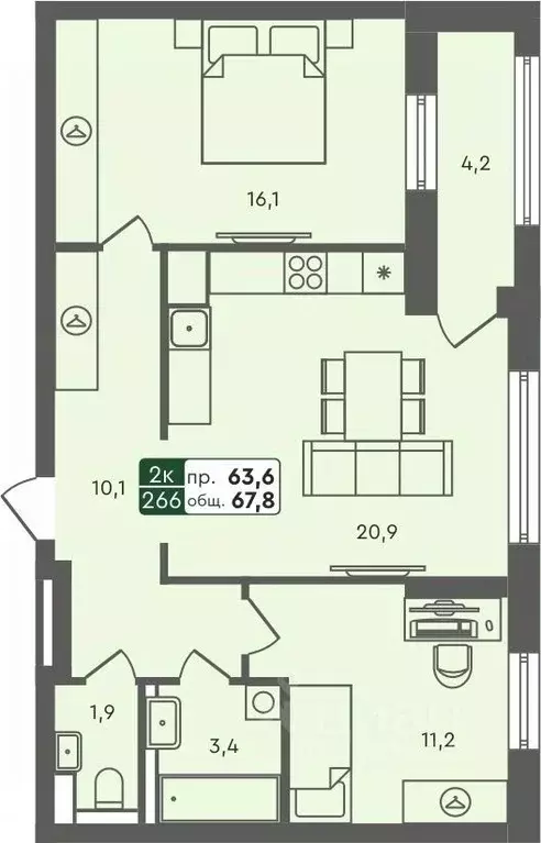 2-к кв. Курганская область, Курган Заозерный жилрайон, 6А мкр, 25/4 ... - Фото 0