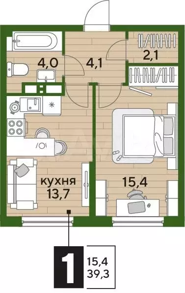 1-к. квартира, 39,3 м, 13/16 эт. - Фото 1