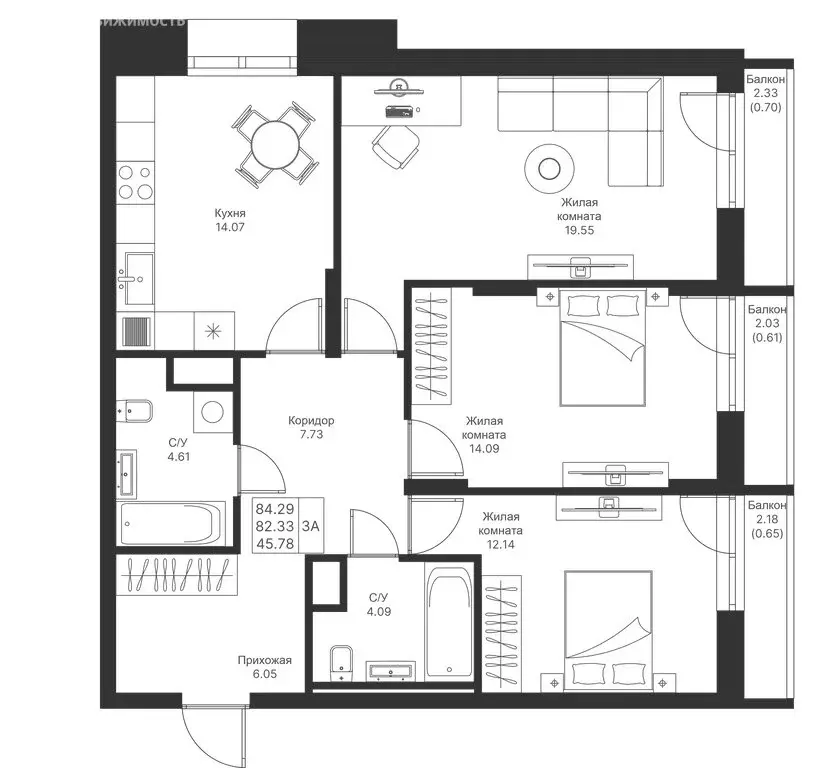 3-комнатная квартира: Казань, ЖК Мой Ритм (84.29 м) - Фото 0