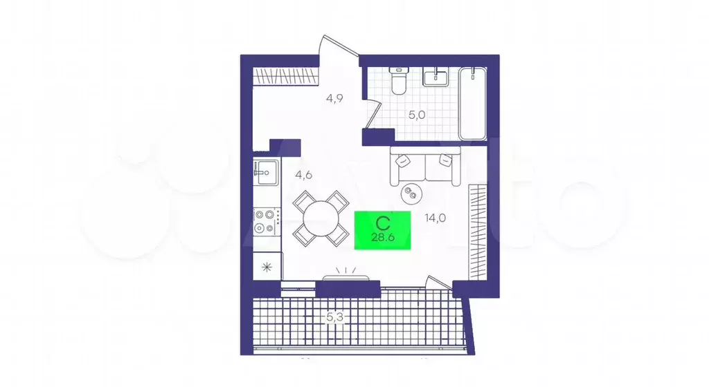 Квартира-студия, 28,6 м, 5/9 эт. - Фото 1