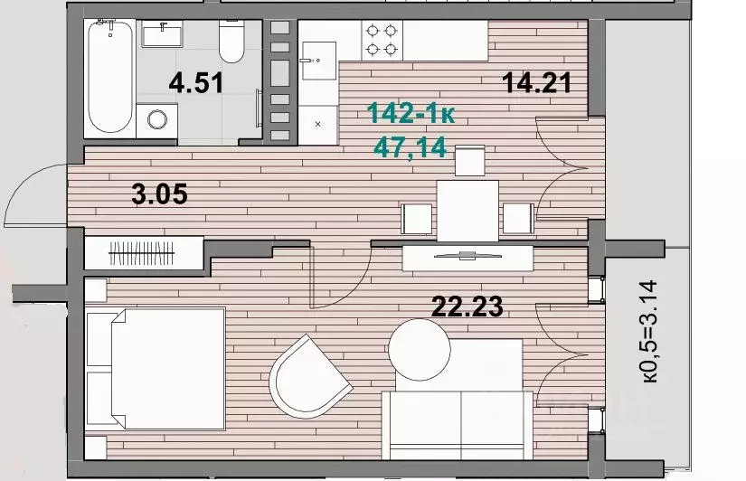 1-к кв. Калининградская область, Зеленоградск ул. Гагарина (47.14 м) - Фото 1