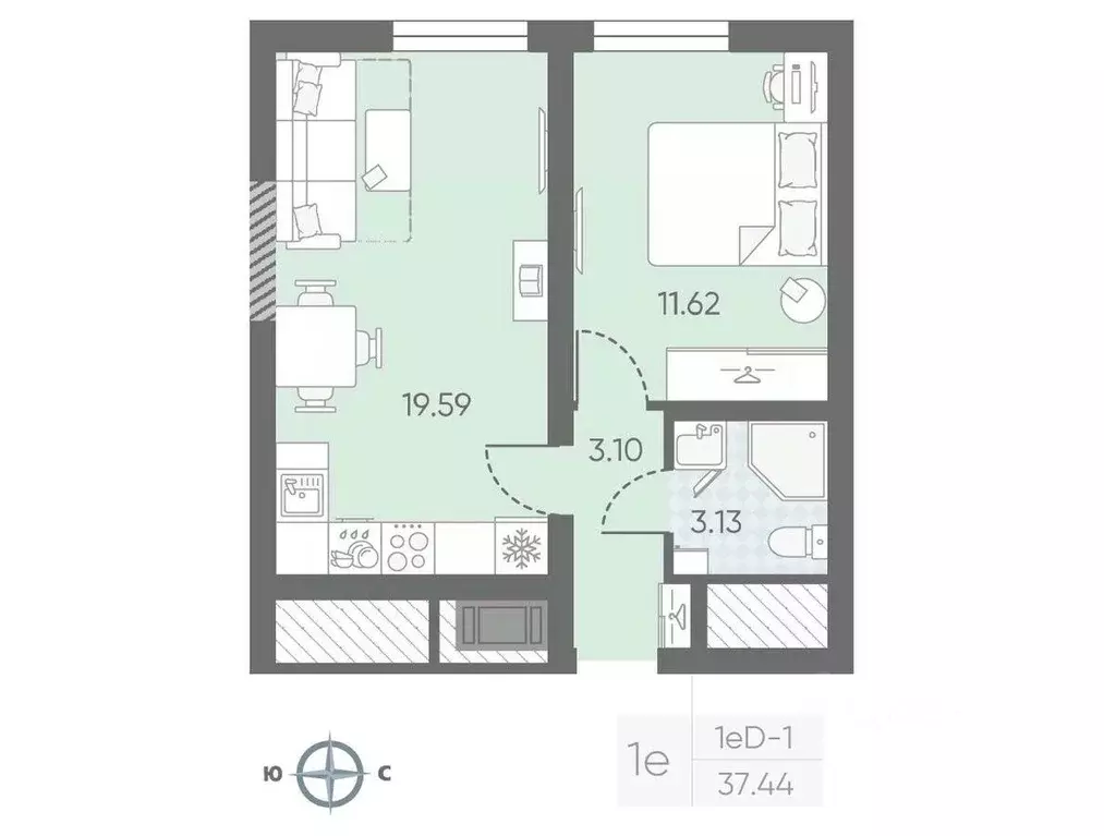 Квартира, 1 комната, 36.47 м - Фото 1