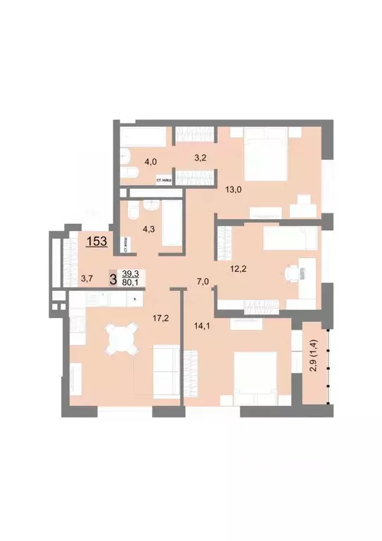 3-к кв. Свердловская область, Екатеринбург ул. Шаумяна, 77 (80.1 м) - Фото 1