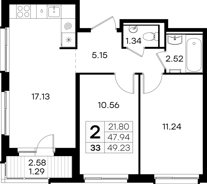 2-к квартира, 49.23 м - Фото 0