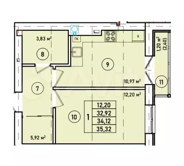 1-к. квартира, 34,1 м, 2/7 эт. - Фото 1