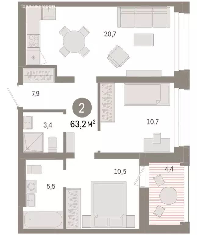 2-комнатная квартира: Тюмень, улица Муравленко, 9/2 (63.16 м) - Фото 1