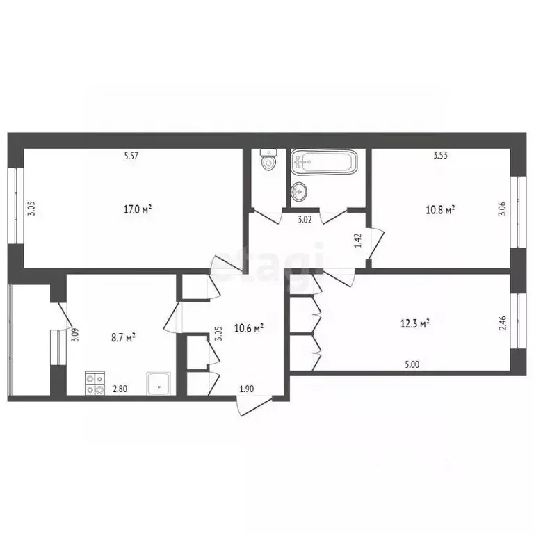 Квартира, 3 комнаты, 66.9 м - Фото 1