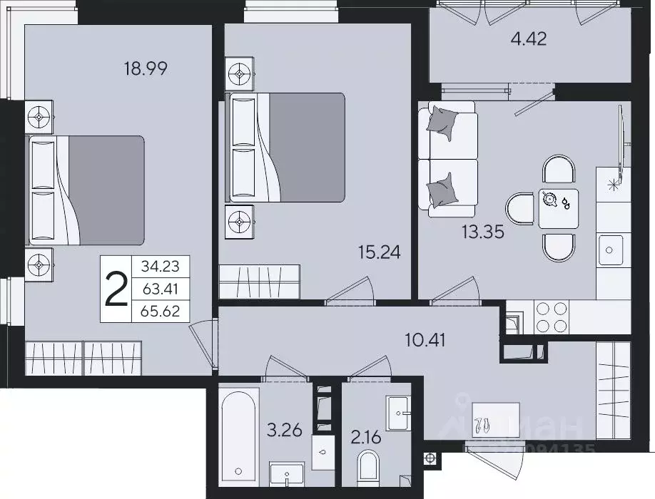 2-к кв. Краснодарский край, Краснодар  (65.62 м) - Фото 2