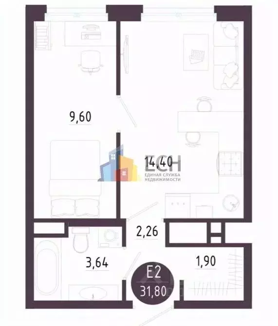 1-к кв. Тульская область, Тула ул. Пряничная, 5 (31.9 м) - Фото 2
