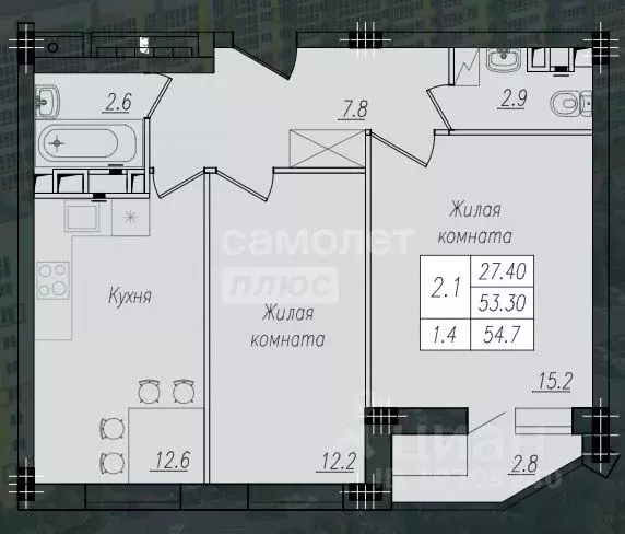 2-к кв. Курская область, Курск ул. Энгельса, 158к1 (54.7 м) - Фото 1