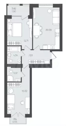2-к. квартира, 64,5 м, 5/5 эт. - Фото 1
