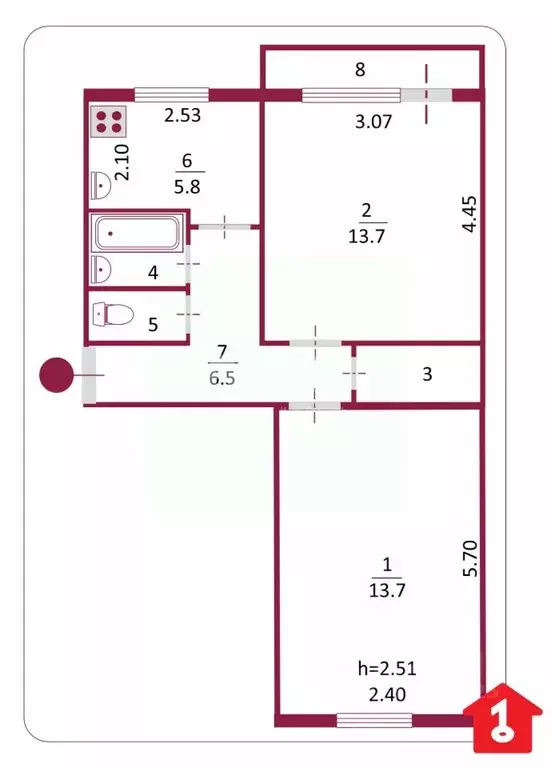 2-к кв. Омская область, Омск ул. Попова, 9 (44.6 м) - Фото 1