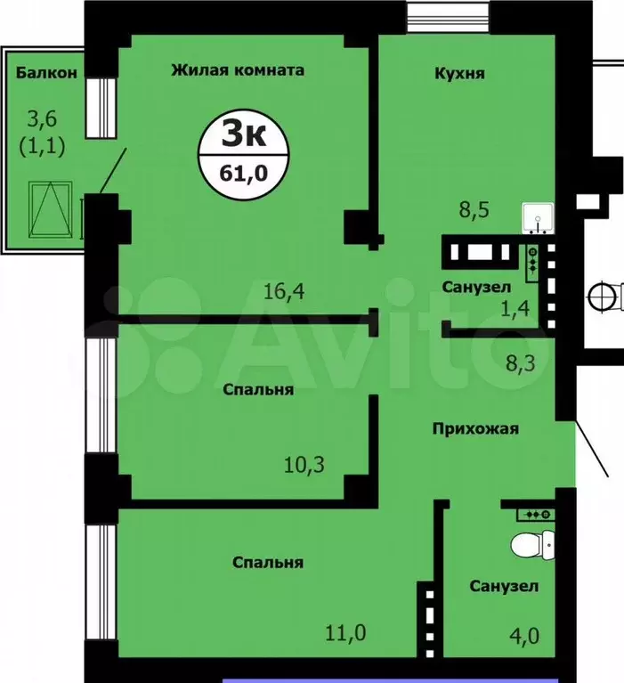 3-к. квартира, 61 м, 7/21 эт. - Фото 0