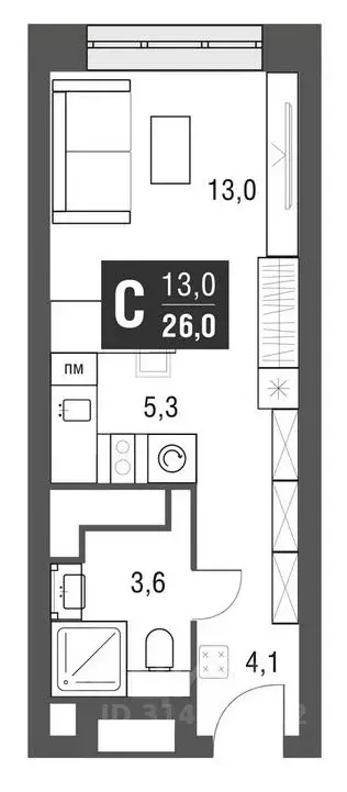 Студия Москва проезд Серебрякова, 11к2 (25.3 м) - Фото 0