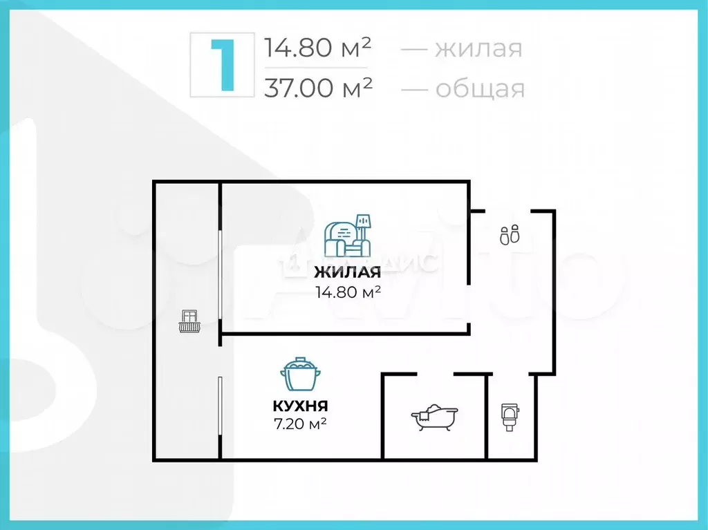 1-к. квартира, 37 м, 5/10 эт. - Фото 0