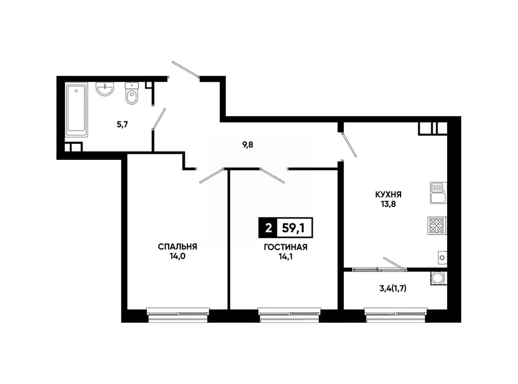 2-к кв. Ставропольский край, Ставрополь ул. Доваторцев, 179Гк1 (59.1 ... - Фото 1