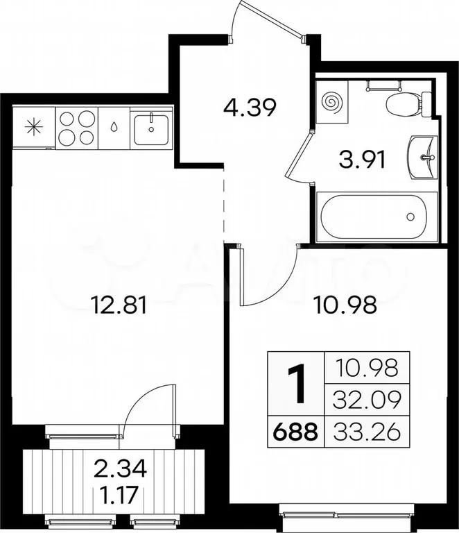 1-к. квартира, 33,3 м, 7/9 эт. - Фото 0