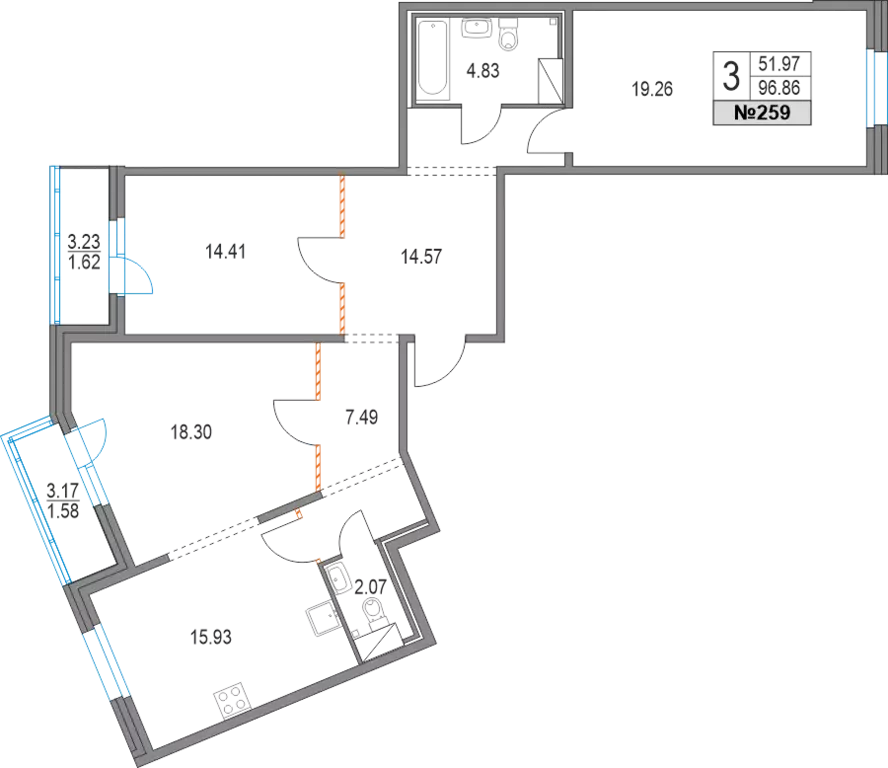 3-к квартира, 96.9 м - Фото 0