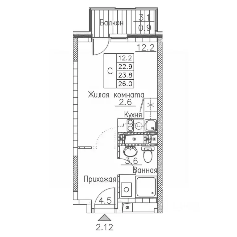 1-к кв. Приморский край, Владивосток ул. Расула Гамзатова, 7к1 (26.0 ... - Фото 0