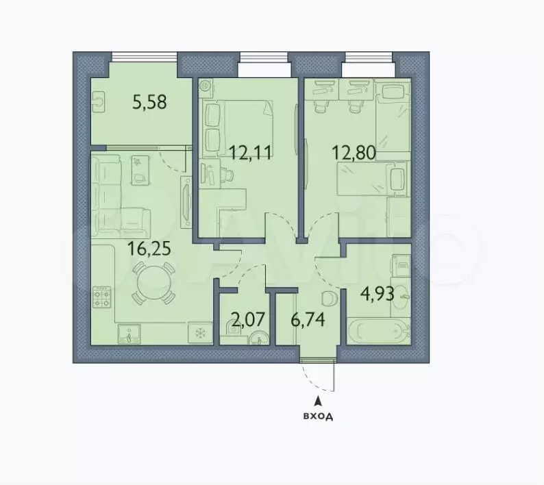 2-к. квартира, 60,5 м, 2/8 эт. - Фото 1