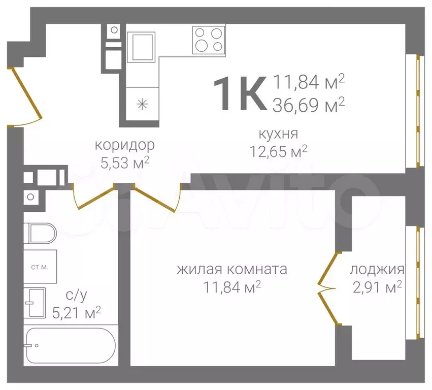 1-к. квартира, 36,7 м, 4/24 эт. - Фото 1