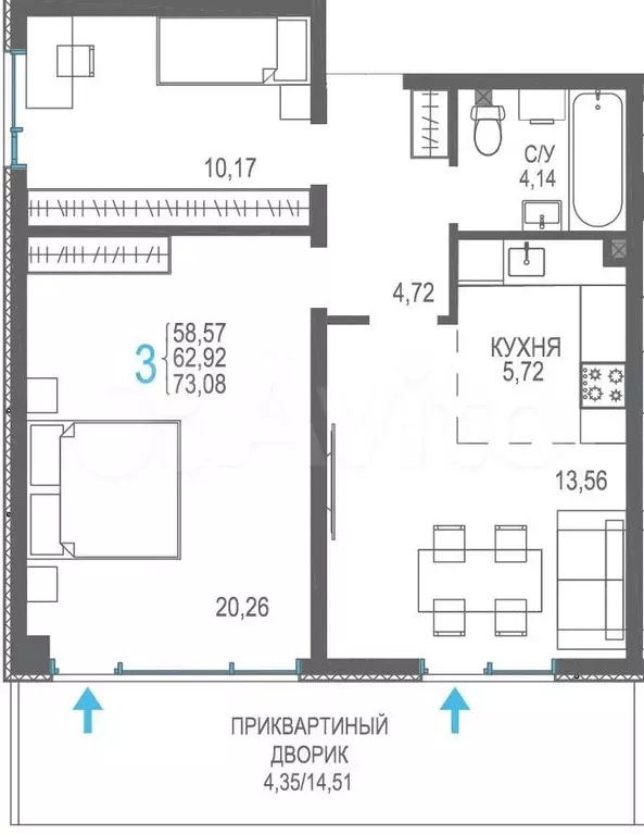 3-к. квартира, 62,9 м, 1/9 эт. - Фото 0