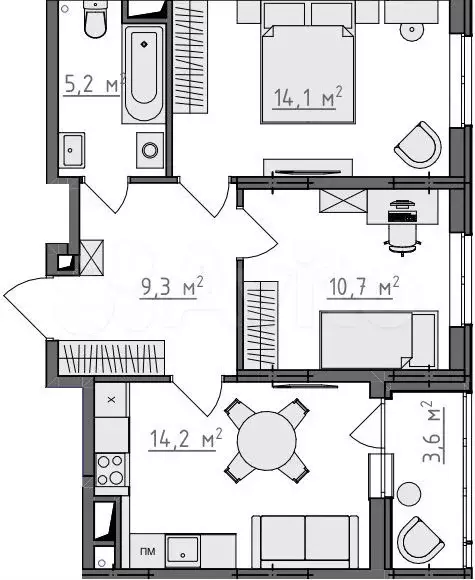 2-к. квартира, 55,3 м, 6/9 эт. - Фото 0