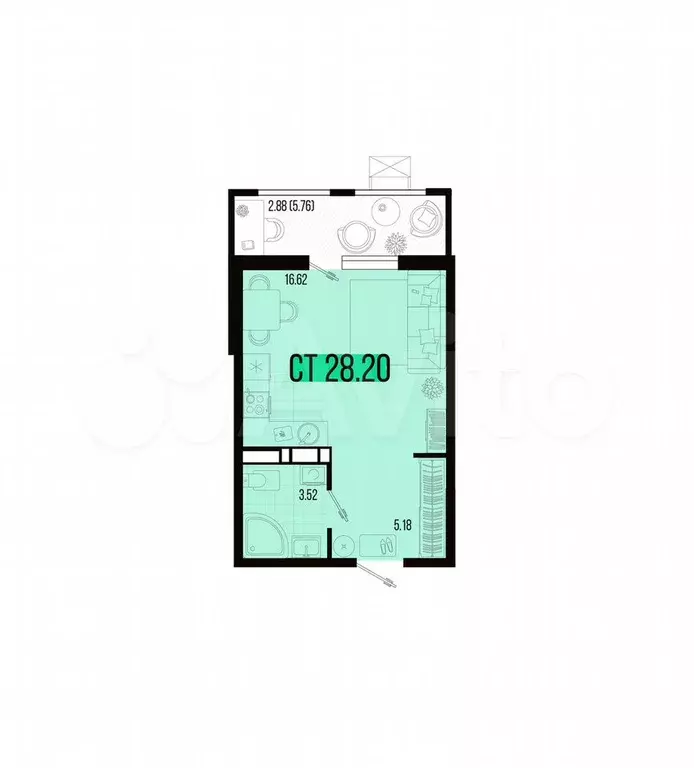 Квартира-студия, 28,2 м, 3/7 эт. - Фото 0