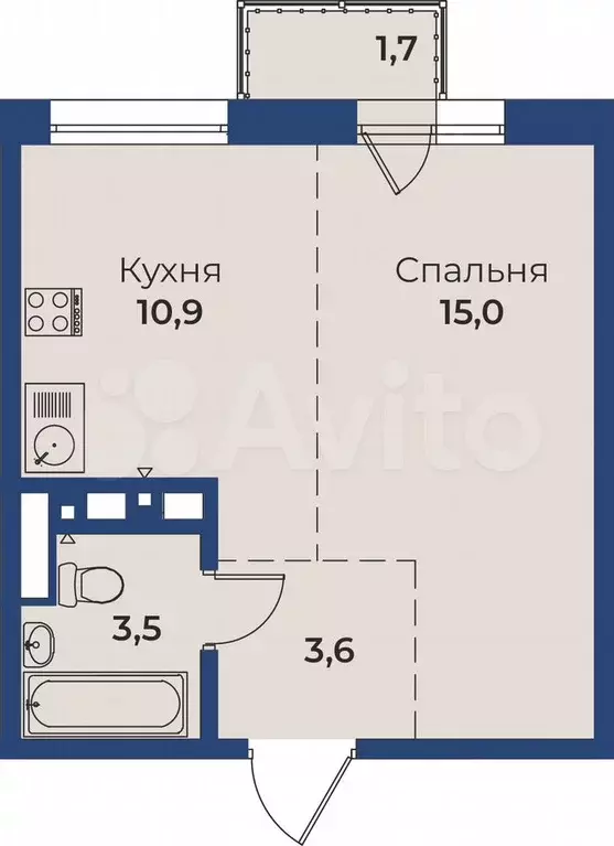 1-к. квартира, 33,5 м, 7/15 эт. - Фото 0