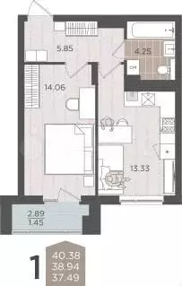 1-к. квартира, 38,9 м, 3/9 эт. - Фото 1