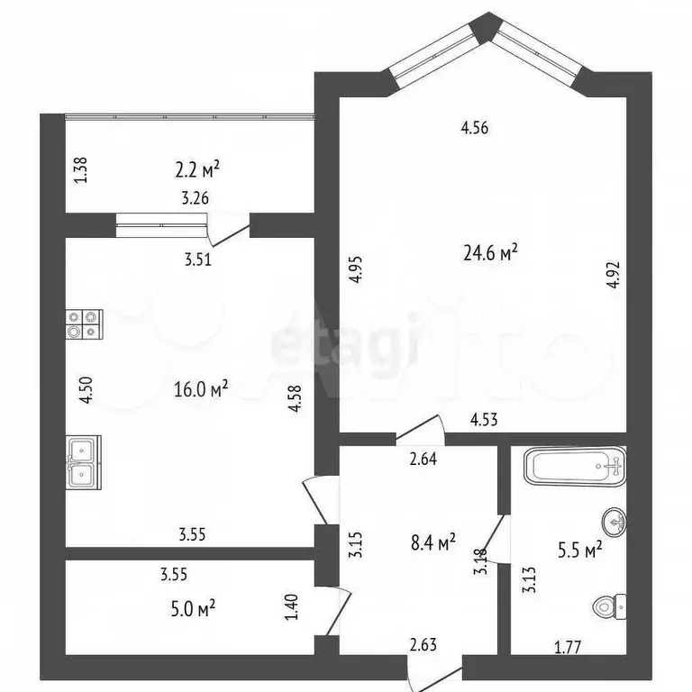 1-к. квартира, 59,5 м, 4/5 эт. - Фото 0